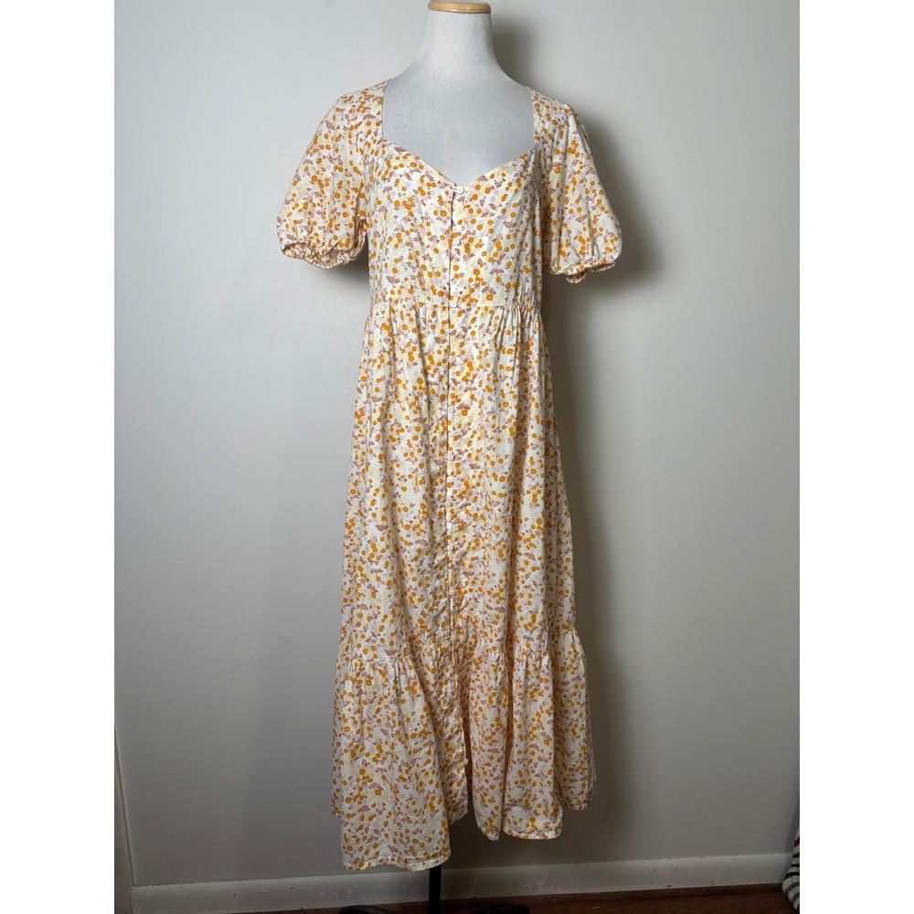 LACAUSA Cottage Floral Maxi Dress XS Cotton Earthy Peasant Puff Sleeve Boho